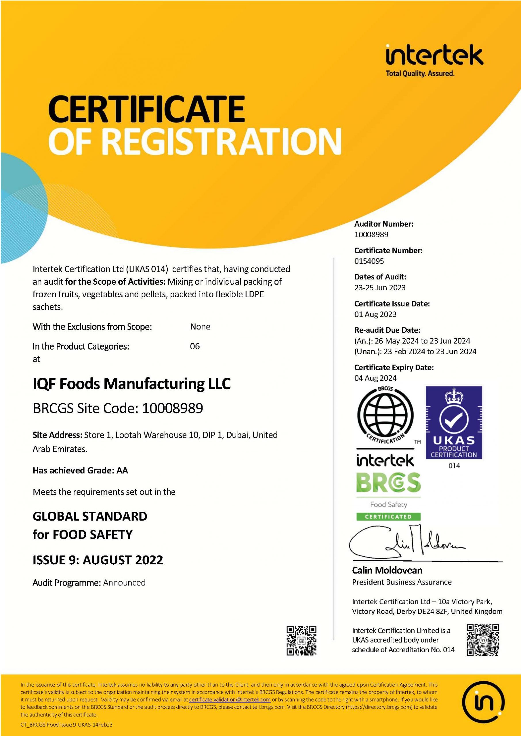 IQF FOODS Manufacturing LLC BRCGS Certificate